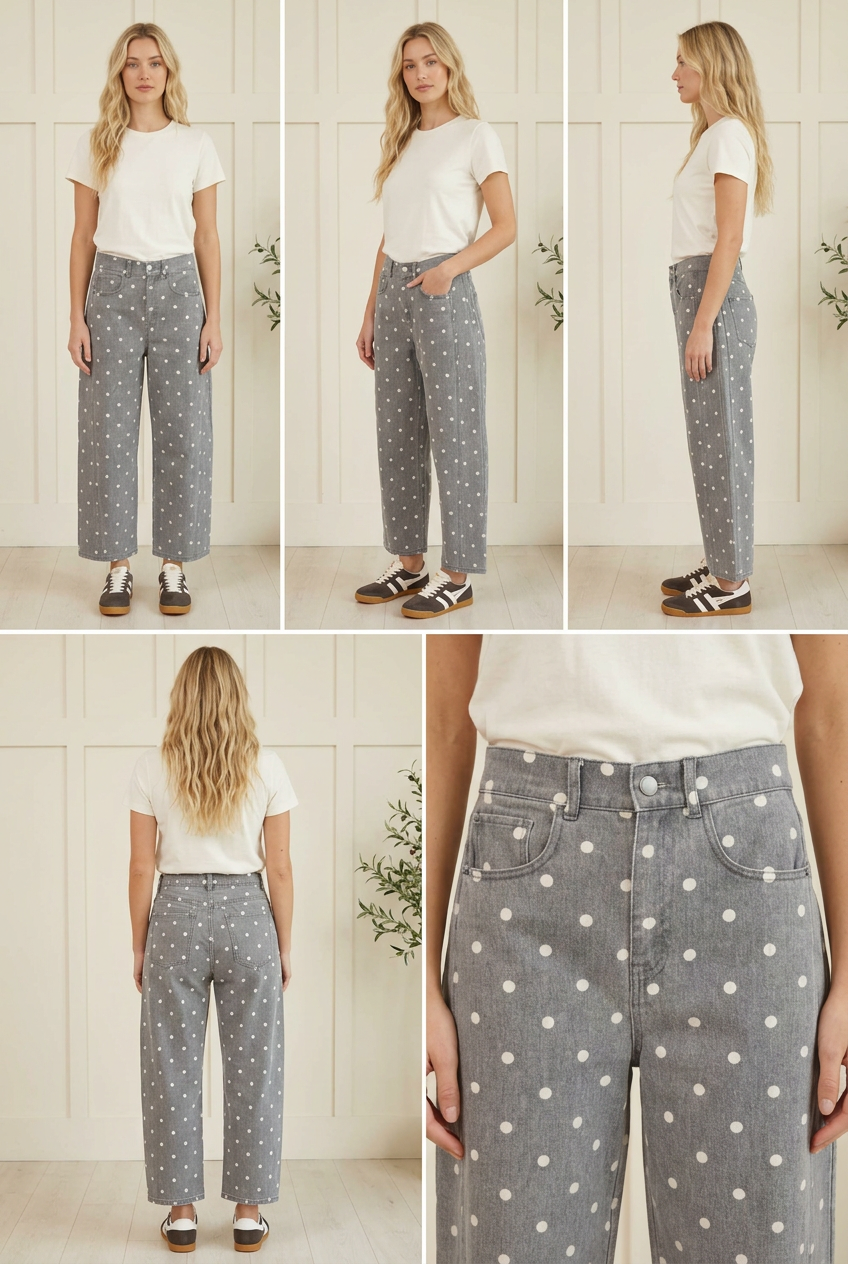 Angled view of charcoal polka dot barrel jeans highlighting the high waist and relaxed curved leg silhouette.