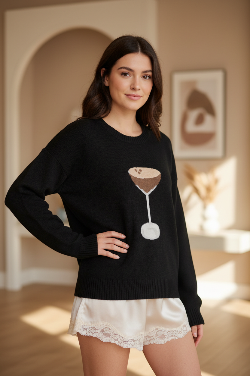 Black espresso martini graphic sweater styled with ivory satin shorts - Thread Bar Boutique women's boutique