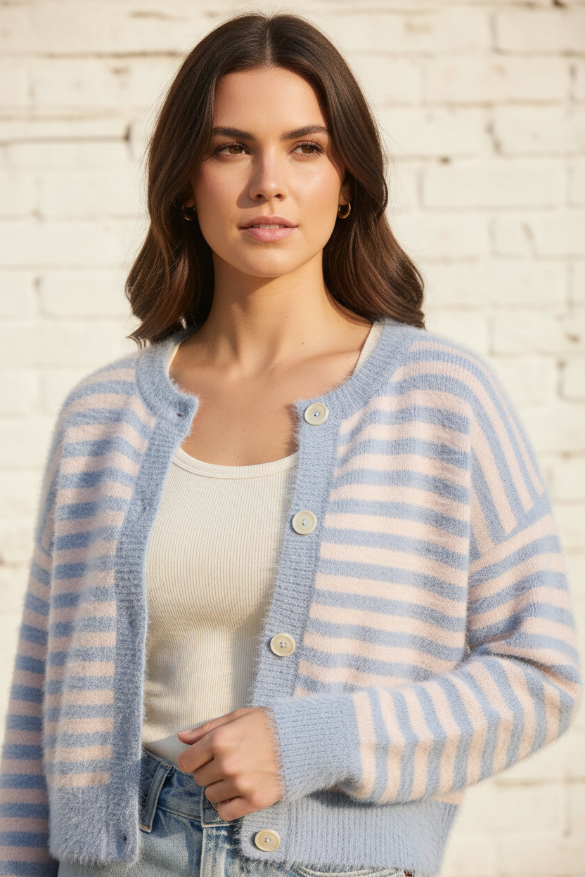 Light blue stripe fuzzy knit cardigan close-up detail, pearl buttons and knit texture, white stone wall