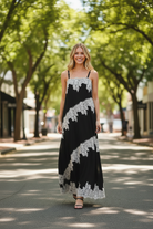 Black lace trim maxi dress full body view - contrast white floral lace appliqué spaghetti strap dress - Thread Bar Boutique