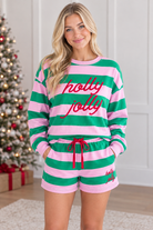 Front view of pink and green Holly Jolly embroidered stripe pullover and matching shorts with red drawstring