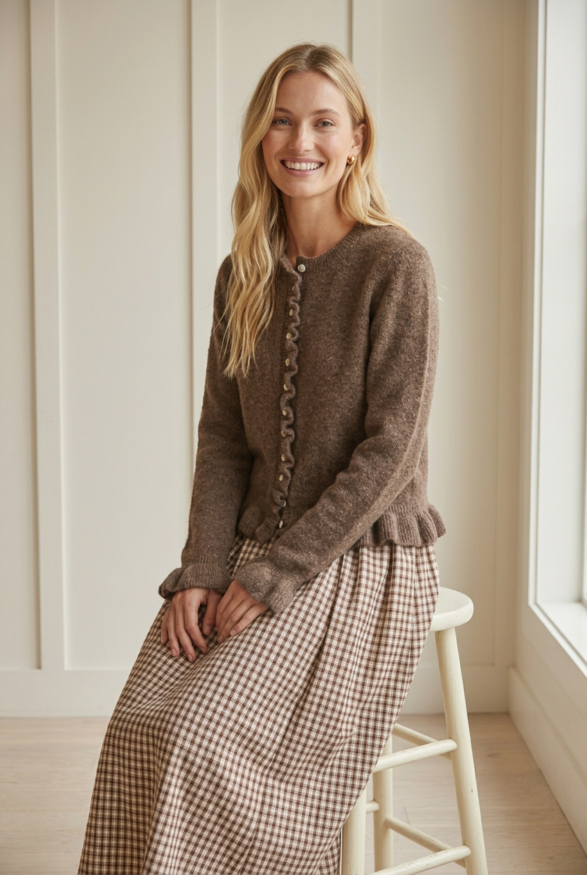Seated smiling model in the brown Ruffle Edit cardigan, showing textured knit, a ribbed crew neckline, and wavy ruffle button placket.