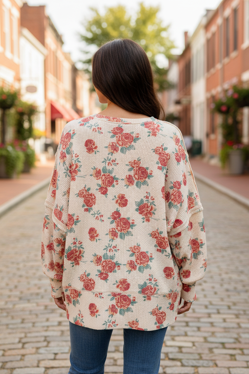 Floral waffle thermal sweatshirt back view showing exposed seam detailing on sleeves and back, oversized relaxed fit, rose floral print on oatmeal knit