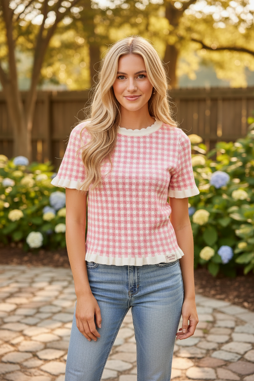 SO ME pink and white gingham knit sweater top front view, scalloped ruffle neckline, short ruffled sleeves, ribbed ruffle hem, lightweight slightly stretchy knit