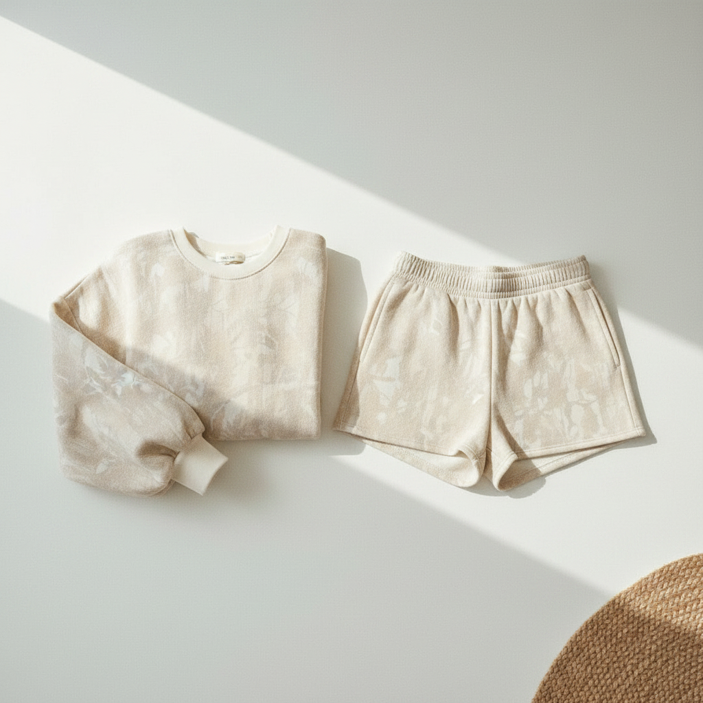 Flat lay of a cream and beige camo print matching loungewear set — oversized french terry crewneck sweatshirt with balloon sleeves and matching mini shorts with elastic waistband, styled on a white surface