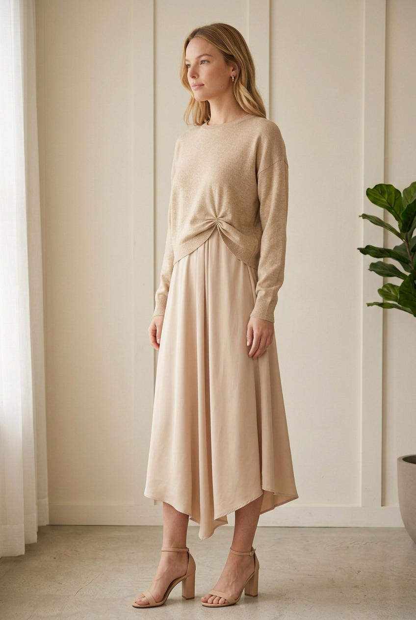Side angle of the Jodifl champagne knotted sweater layered over the front-pleated asymmetrical midi dress.