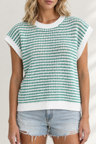 Close-up of green and white striped knit tank showing yarn texture and white ribbed neckline, armholes and hem