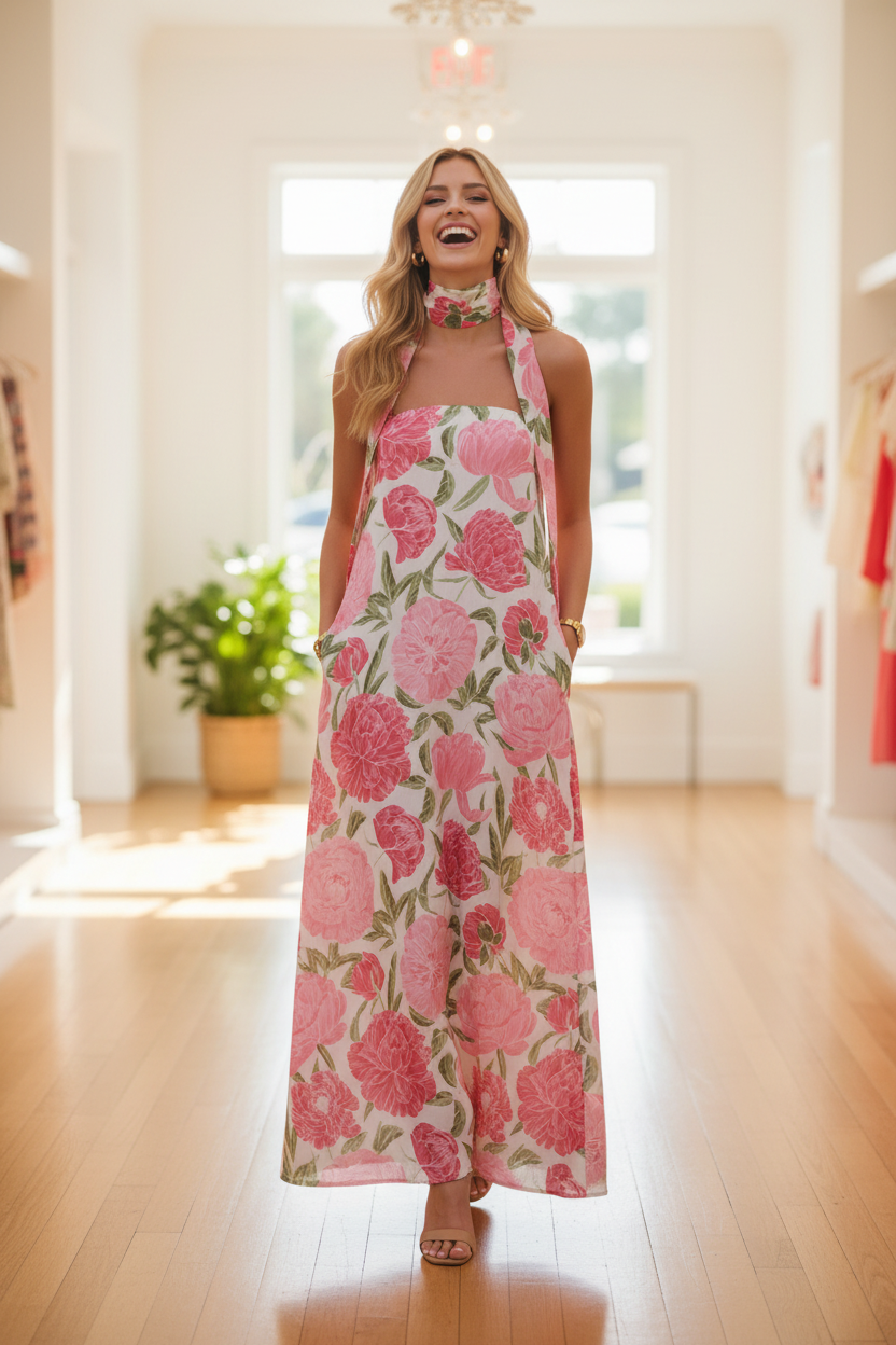 Pink Floral Peony Maxi Dress - Walking and Laughing