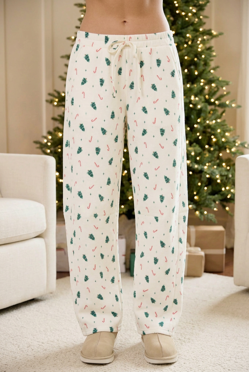 Front view of cream Christmas tree and candy cane sweatpants with an elastic drawstring waist and relaxed straight legs.
