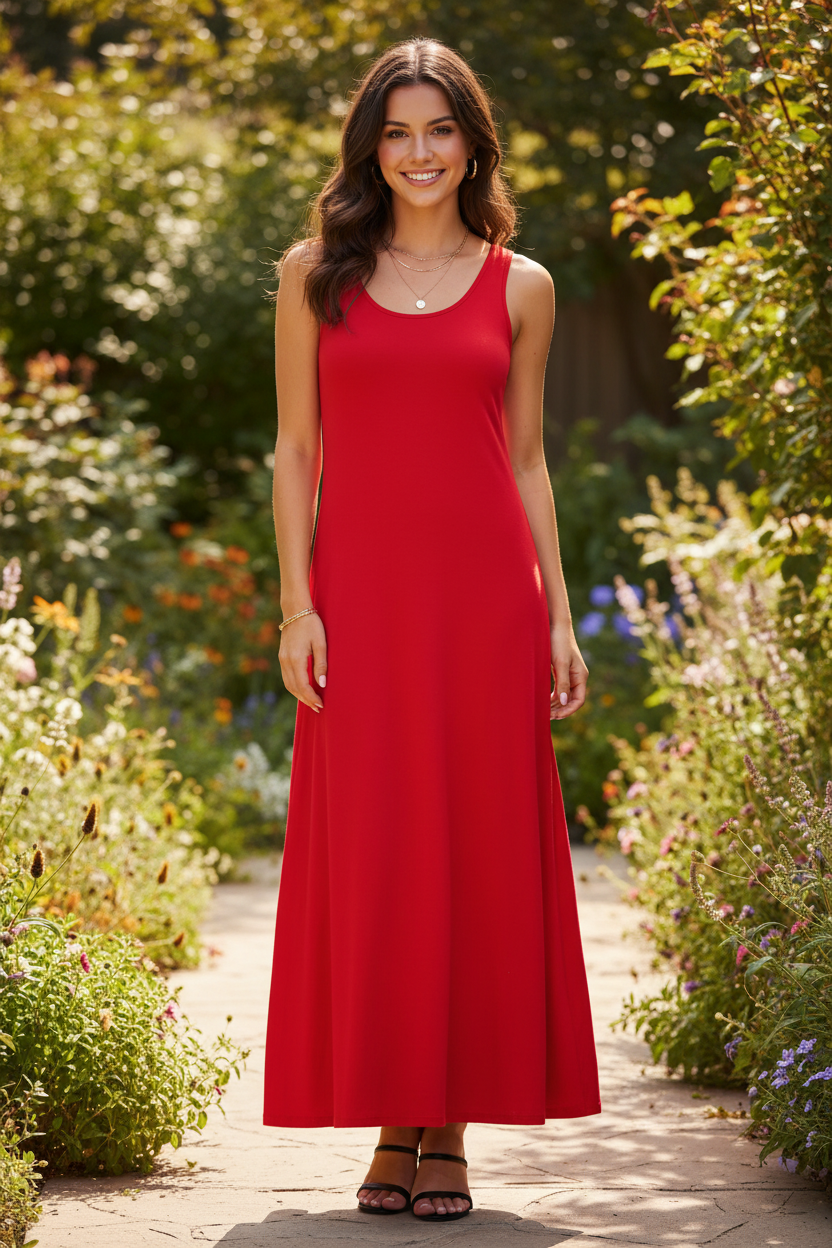 Red wide strap maxi tank dress full length front — brunette model standing in garden patio with black strappy heels
