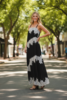 Contrast lace maxi dress three-quarter view - black and white lace detail flowy maxi - Thread Bar Boutique