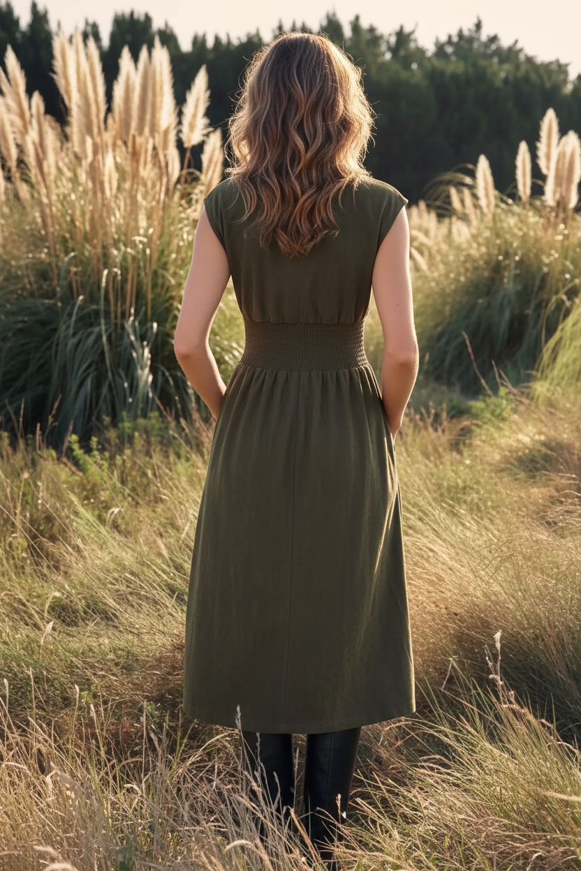 Olive Zip-Front Smocked Waist Midi Dress - back view in golden pampas grass field