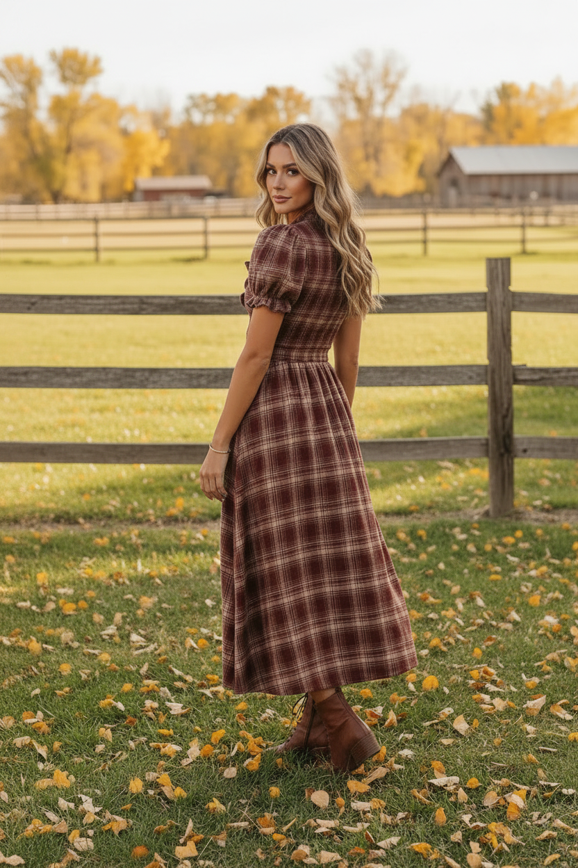 Brunette woman looking over shoulder in burgundy plaid vintage midi dress with smocked bodice, knot-front neckline, and puff sleeves outdoors