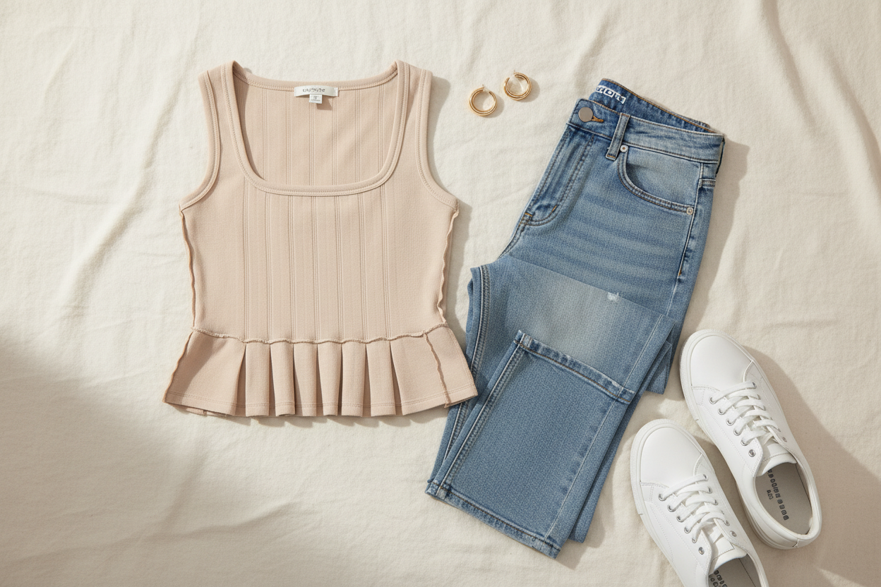 Styled flat lay of oatmeal ribbed knit peplum tank with square neckline and pleated hem, paired with light wash straight-leg jeans and gold hoop earrings