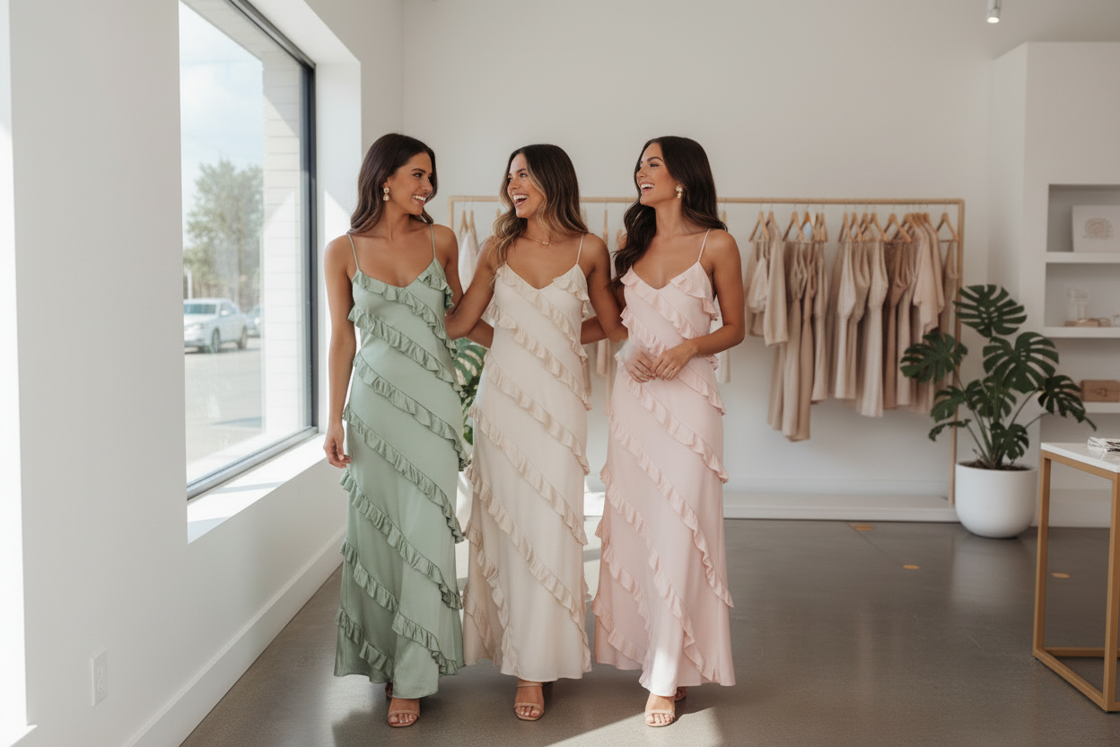 Ruffled Spaghetti Strap Maxi Dress - all three colors sage, beige and blush pink, candid laughing moment, boutique setting