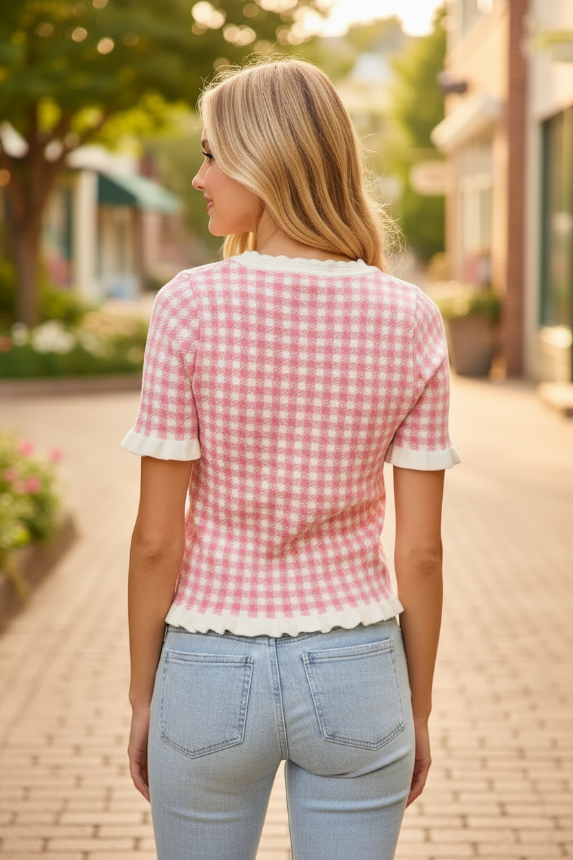 Pink and white gingham knit sweater top back view showing ribbed ruffle hem and ruffled sleeve cuffs, SO ME boutique top