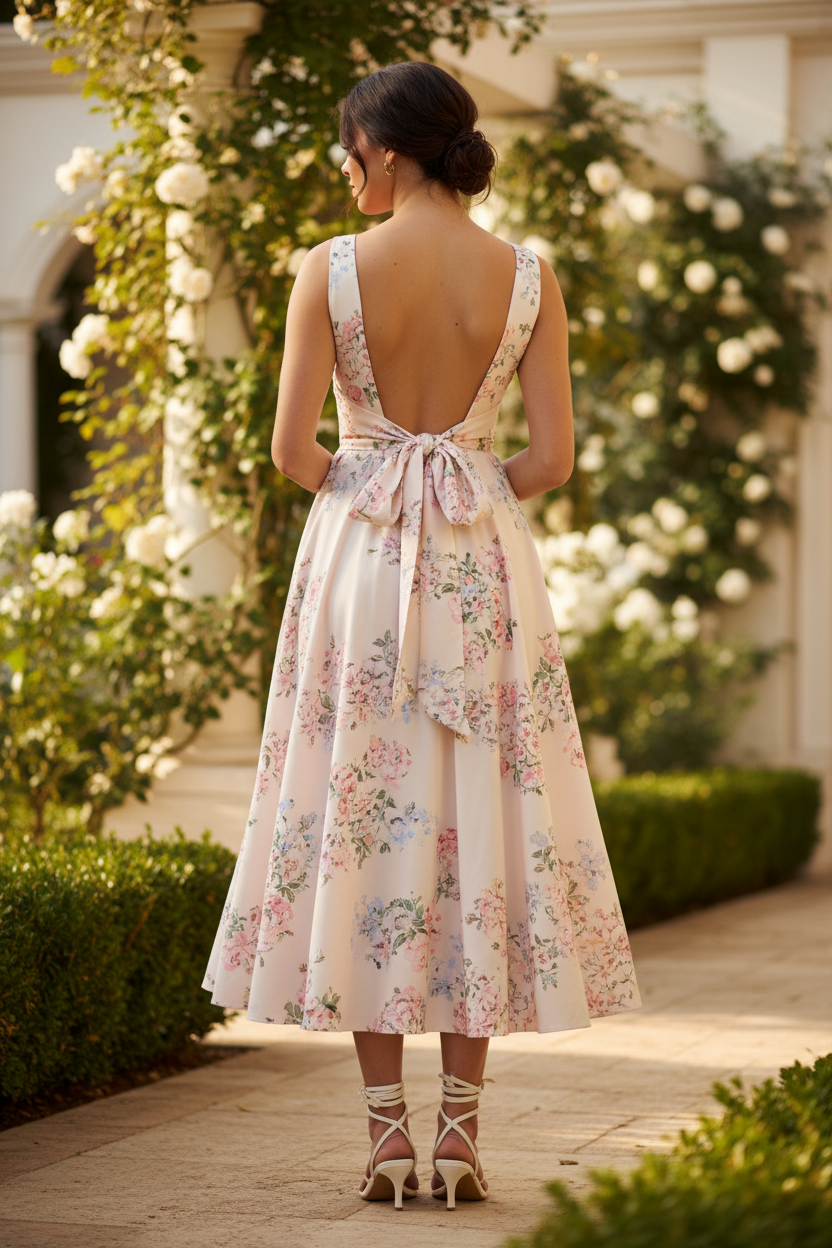 Back view of blush floral midi dress showing open back with self-tie bow closure, wide shoulder straps, and full A-line pleated skirt falling to ankle