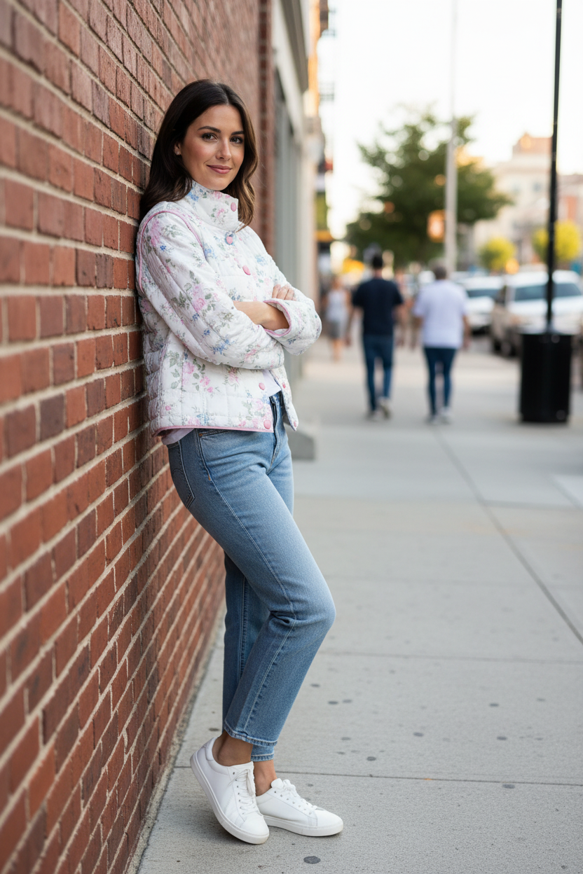Brunette model leaning against brick wall wearing white floral quilted jacket open over white tee with light wash jeans