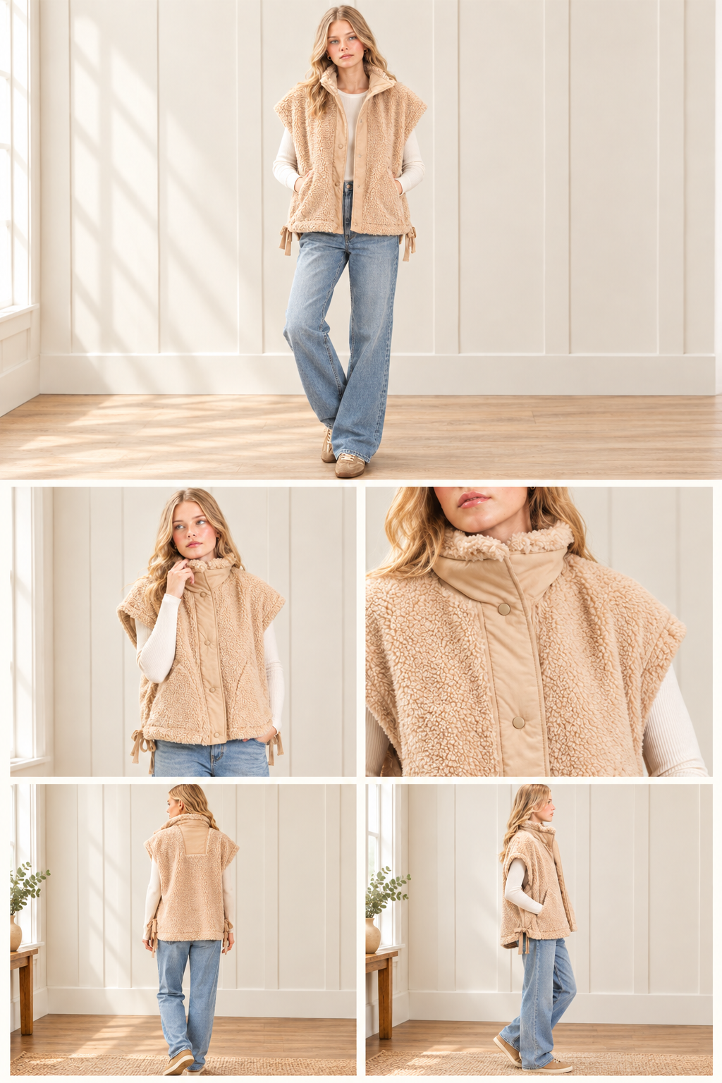 Beige high collar sherpa vest collage showing front, back, side, snap details and styling with jeans