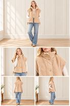 Beige high collar sherpa vest collage showing front, back, side, snap details and styling with jeans