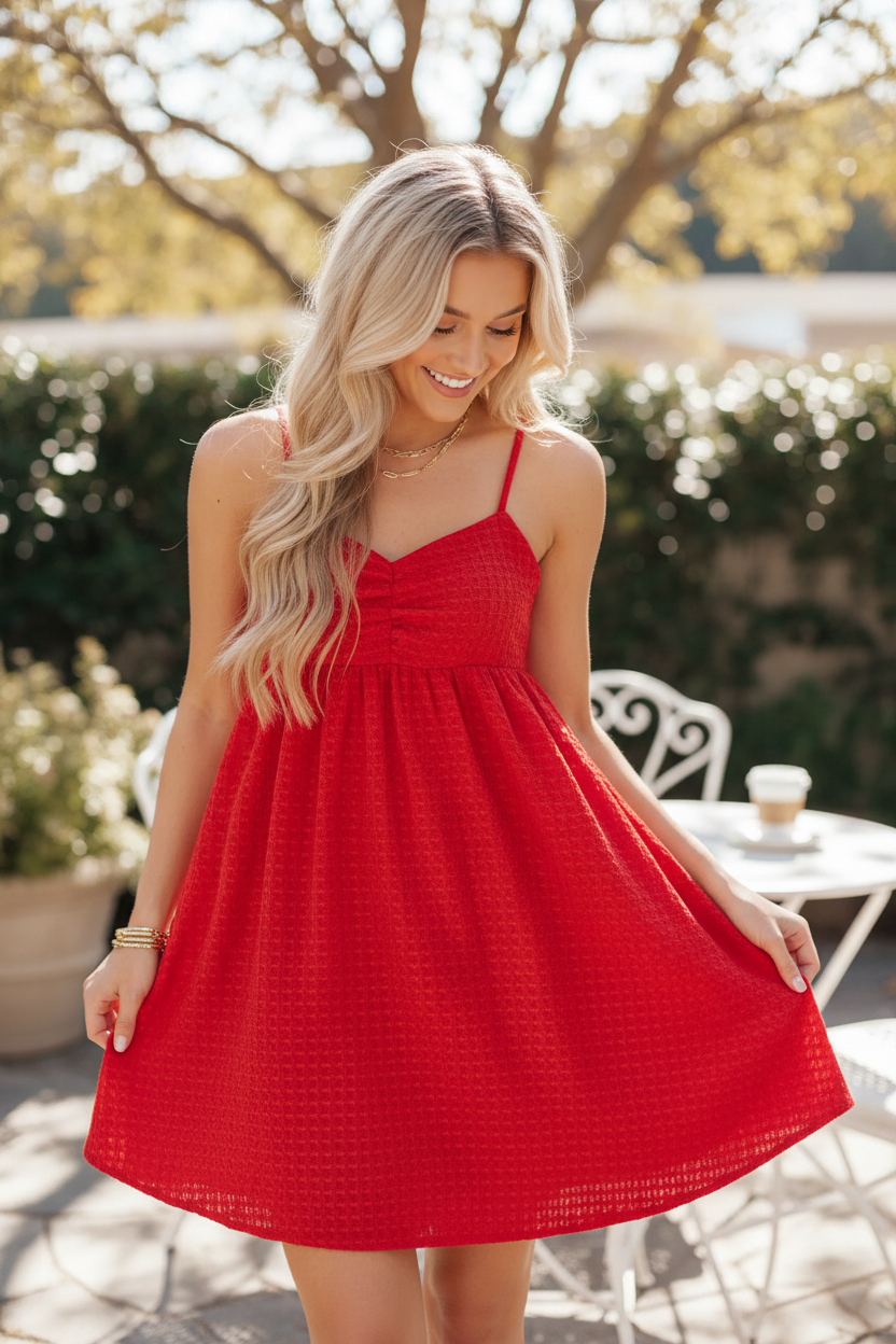 Red sweetheart twist bodice bubble hem dress close-up — seersucker texture and empire waist detail blonde model