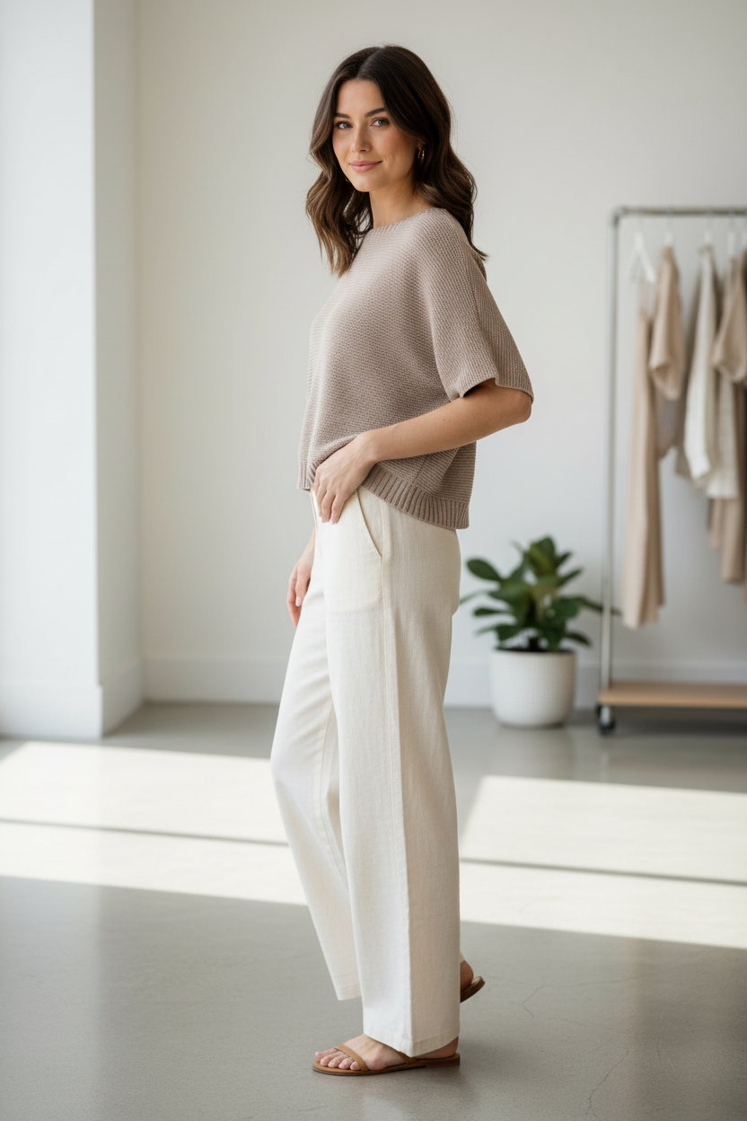 BiBi washed mocha dolman sleeve knit top with ribbed hem band and boxy fit, styled with cream wide-leg linen trousers and tan sandals, boutique women's knit top at Thread Bar Boutique