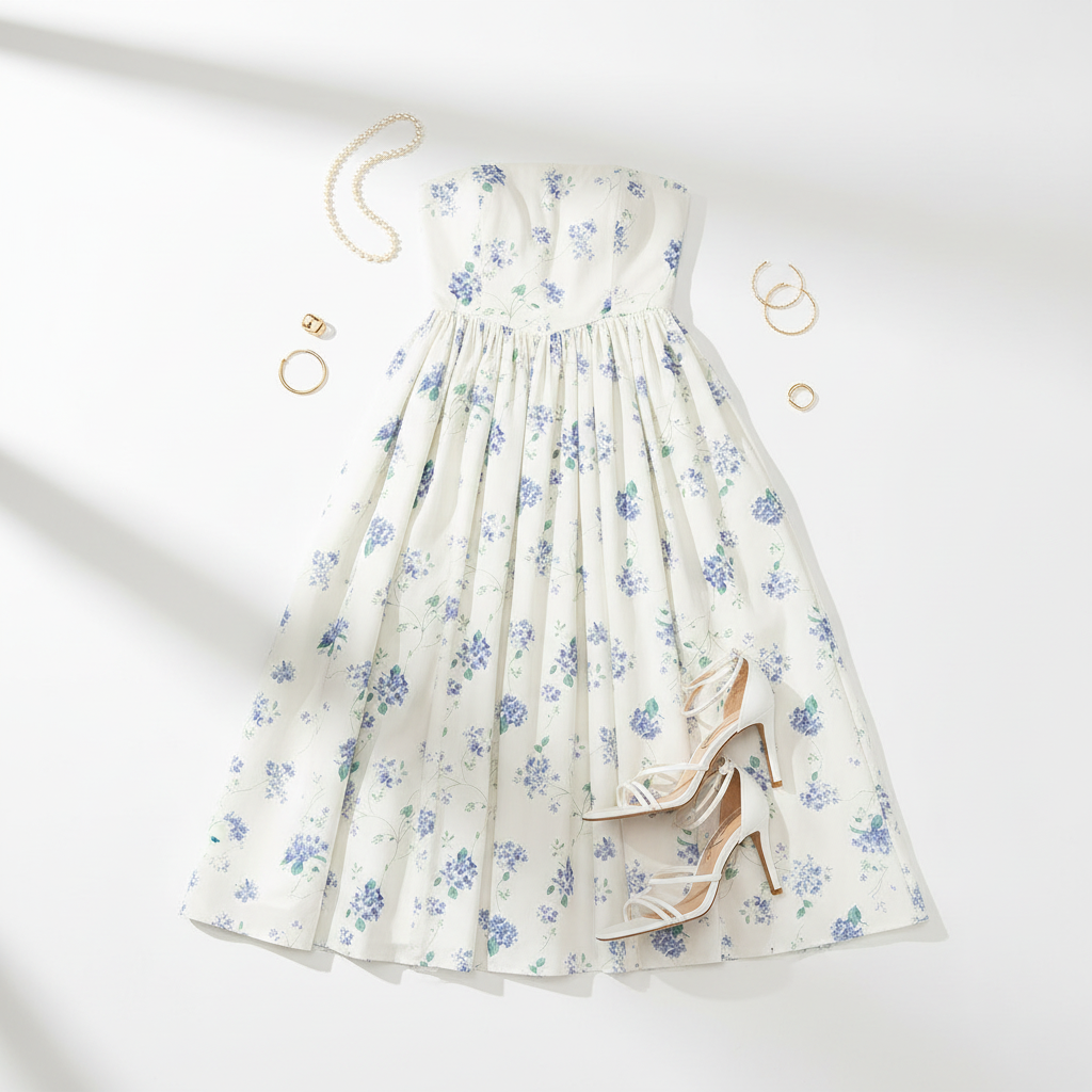 White Blue Floral Strapless Midi Dress styled flat lay with accessories from Thread Bar Boutique