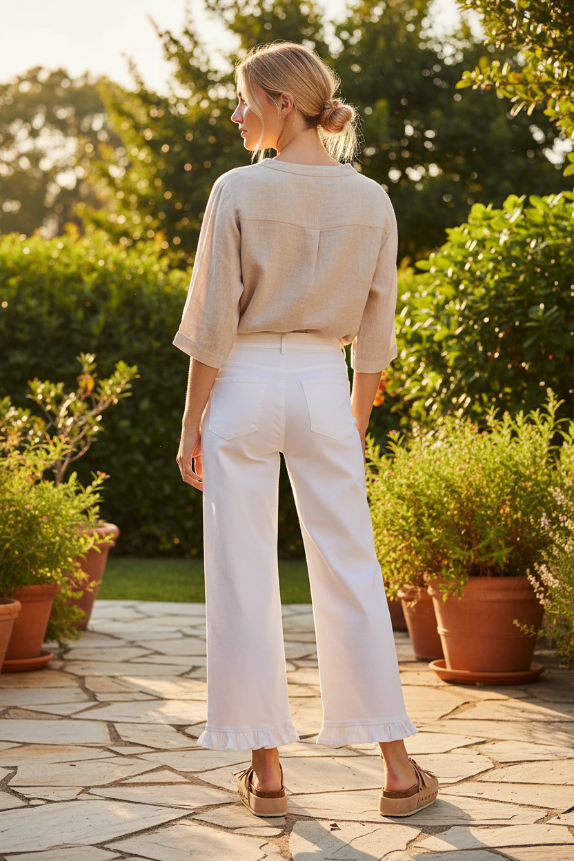 Back view of white wide-leg mid-rise jeans with ruffled hem detail, showing back pockets and ruffle hem on blonde model, outdoor patio lifestyle setting