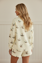 Beige Duck Print Matching Set - back view showing ribbed crewneck, long sleeve cuffs, and matching drawstring shorts