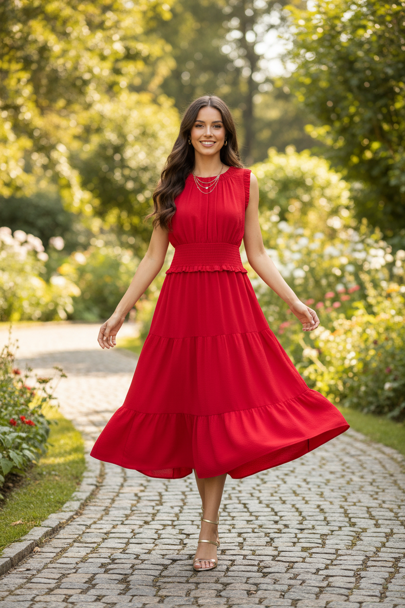 Cherry red tiered midi dress candid walking — flowy tiered skirt in motion along garden cobblestone path brunette model