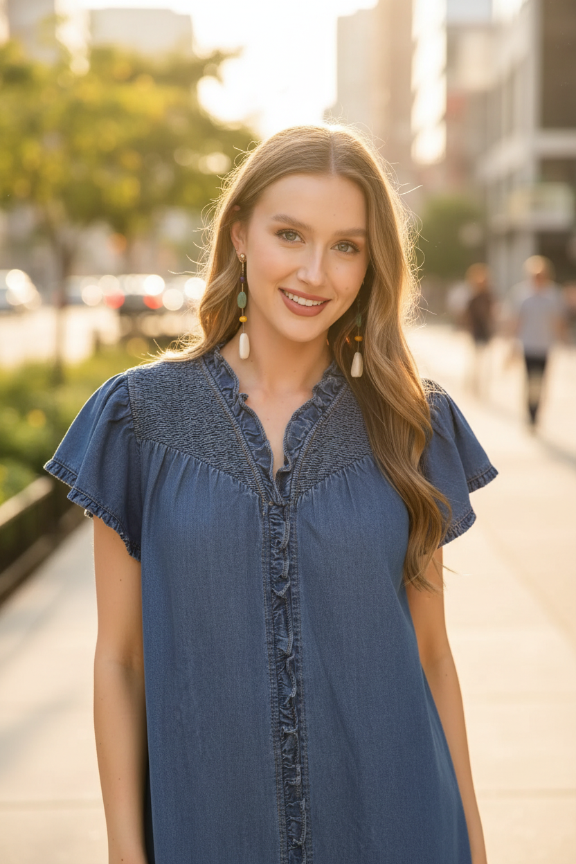 Umgee Ruffled Washed Denim Dress - Close-Up Detail