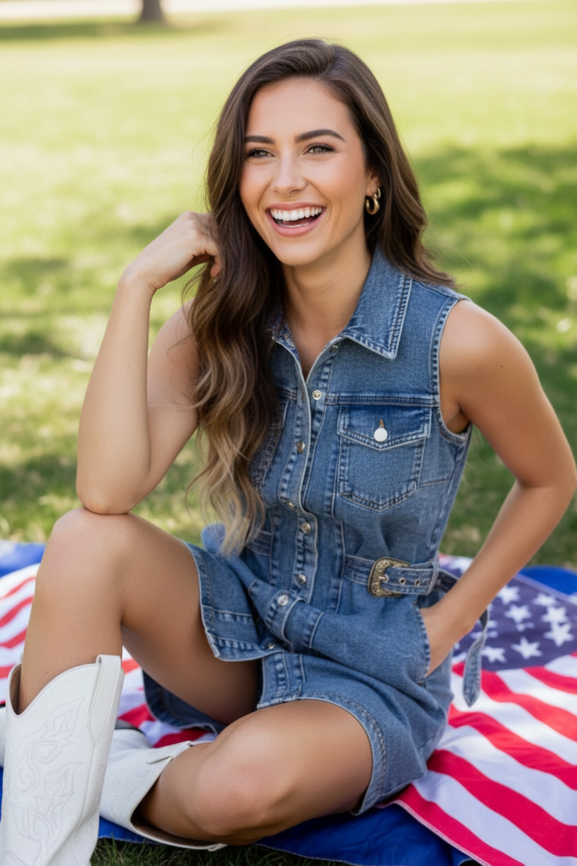 Ainara belted denim shirt dress — brunette model seated on picnic blanket with ornate western gold buckle belt and white cowboy boots