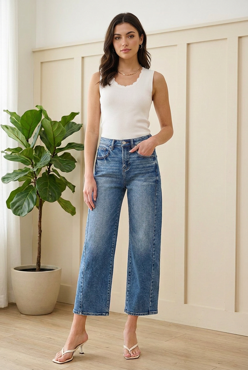 Full-length styling of RISEN high rise cropped barrel jeans with a white sleeveless top and ivory sandals.