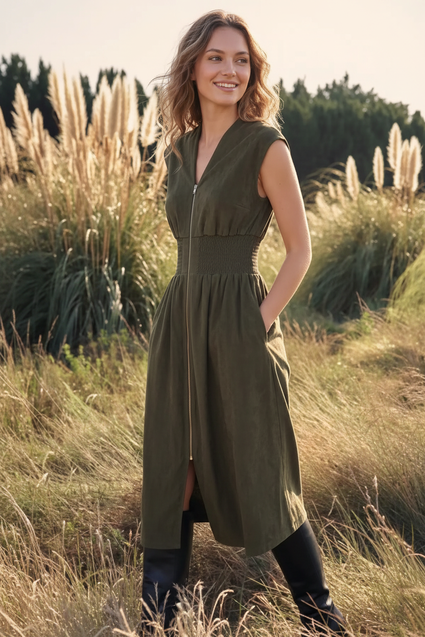 Olive Zip-Front Smocked Waist Midi Dress - walking three-quarter view in pampas grass