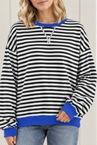 Close-up of striped sweatshirt with blue ribbed crew neckline, white V stitching and contrasting blue cuff.