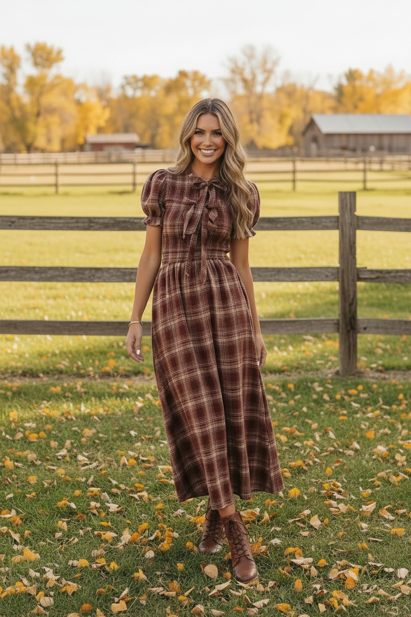 Brunette woman smiling in burgundy red plaid smocked midi dress with knot-front tie neckline and puff sleeves, standing in grassy field with wooden fence