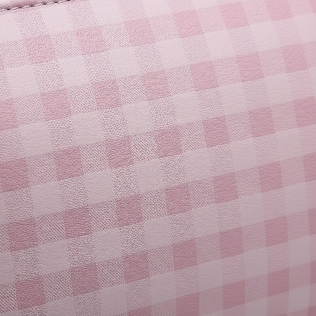 Close-up of baby pink gingham embossed faux leather fabric texture