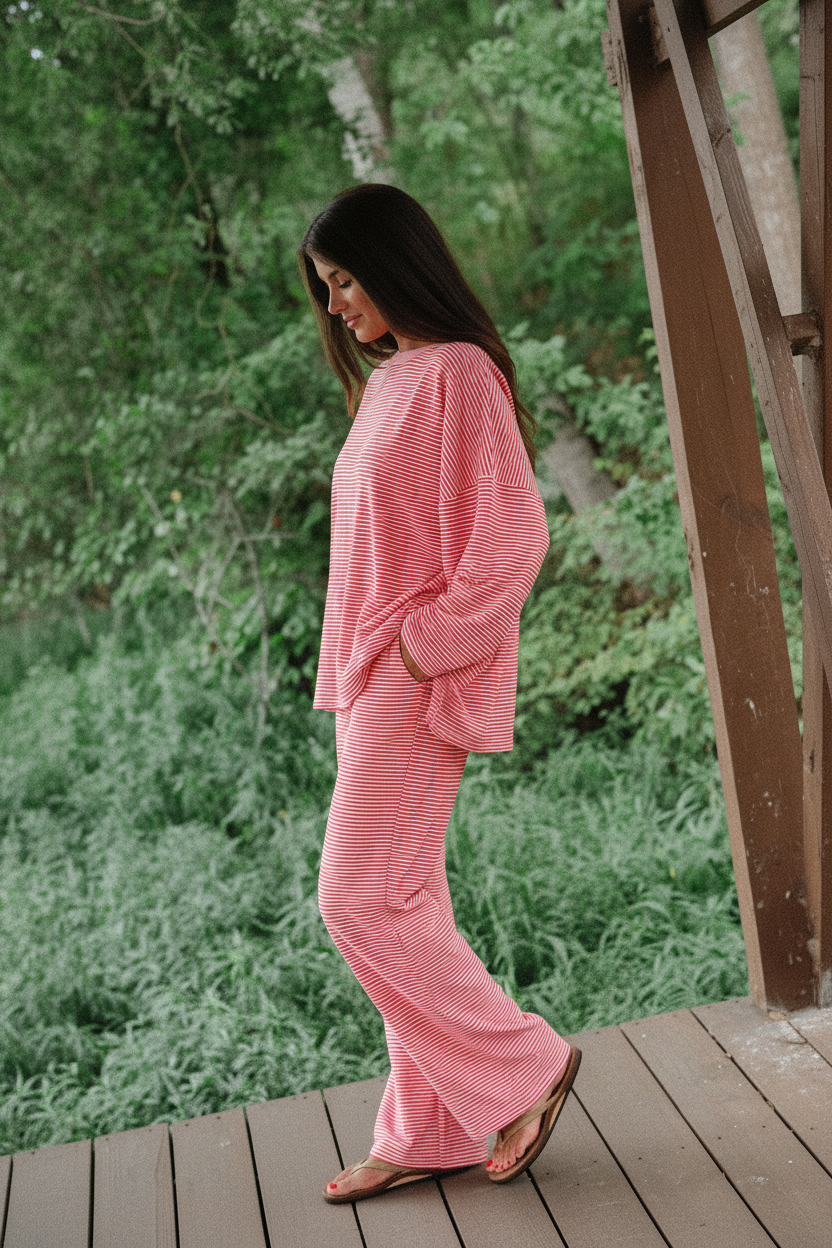 Model wearing red white stripe oversized drop shoulder pullover and wide-leg pants - side profile on outdoor deck
