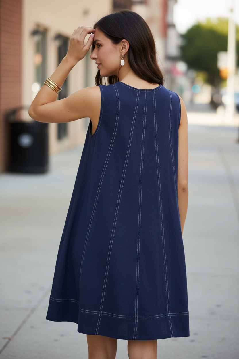 Rear view of brunette woman wearing Umgee navy linen sleeveless swing dress on sunny sidewalk showing back contrast stitch seam details