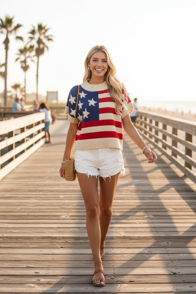 Blonde woman in a cream American flag knit sweater top with blue star canton and red cream stripes, short dolman sleeves and ribbed hem, walking along a sun-drenched boardwalk in distressed white denim cutoff shorts