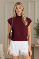 Mock neck short sleeve knit sweater in burgundy with relaxed extended shoulders from Thread Bar Boutique