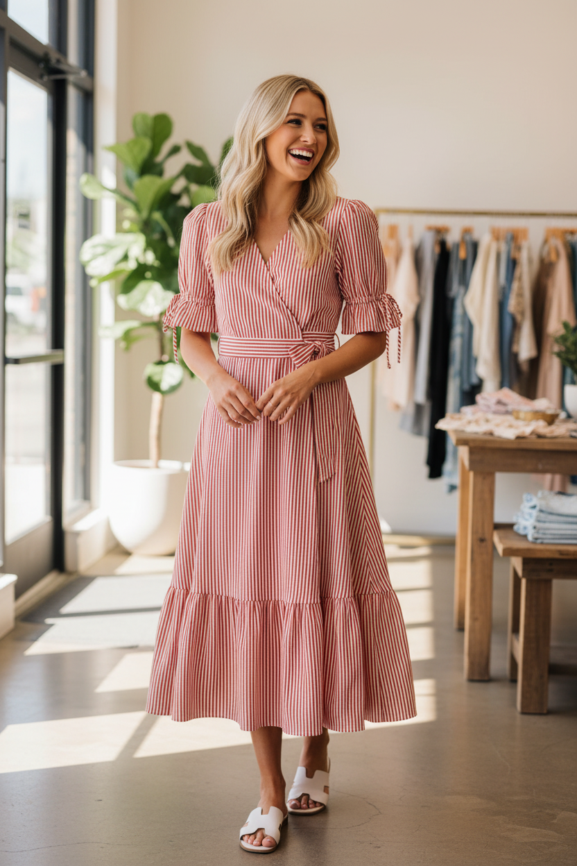 Red and white stripe tiered wrap midi dress with puff sleeves and V-neckline, candid lifestyle fashion photo with white sandals, women's boutique dress available at Thread Bar Boutique
