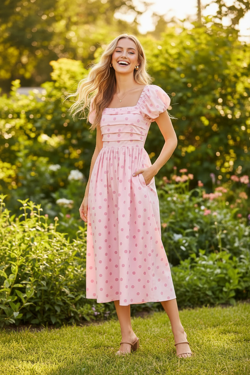 Pink polka dot puff sleeve midi dress full-length view — blonde model laughing square neckline large puff sleeves pintucked bodice gathered skirt garden setting