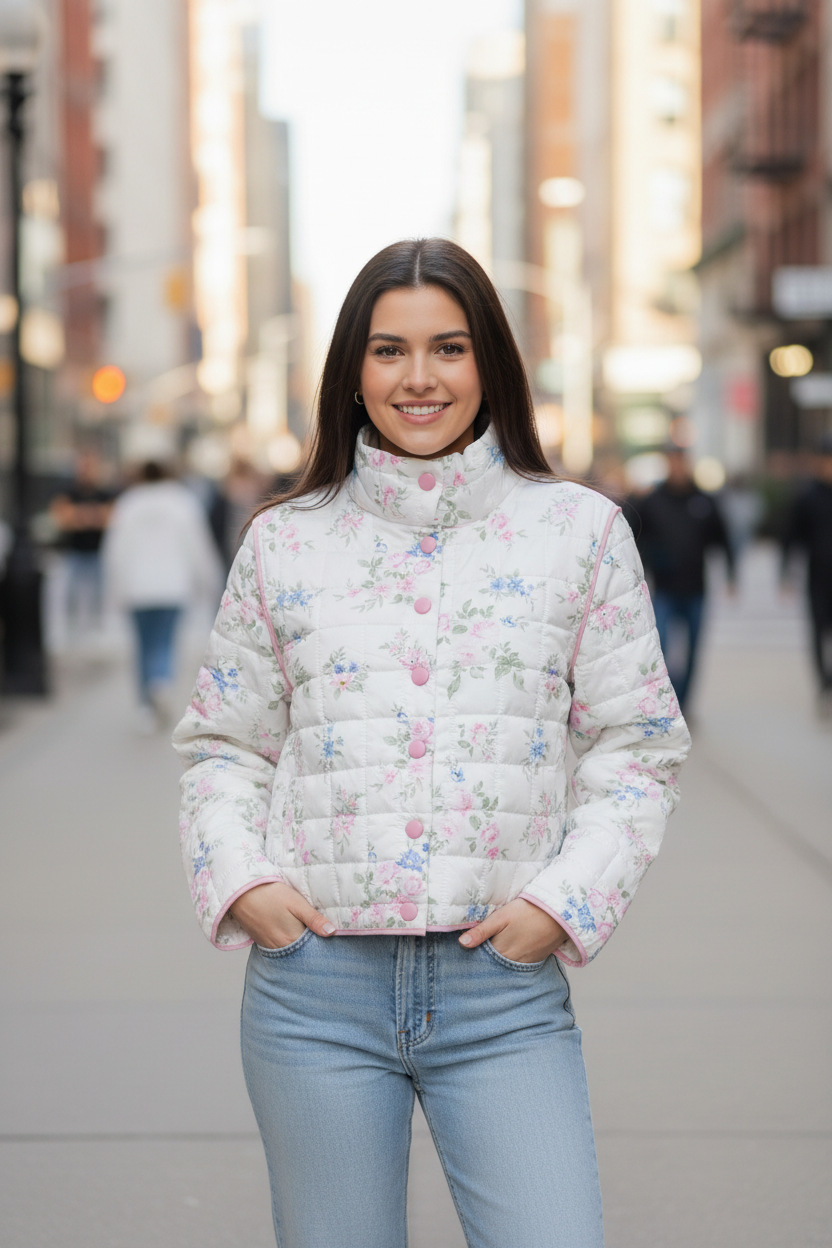 Close-up of brunette model wearing white floral quilted jacket showing pink snap buttons and diamond quilting detail