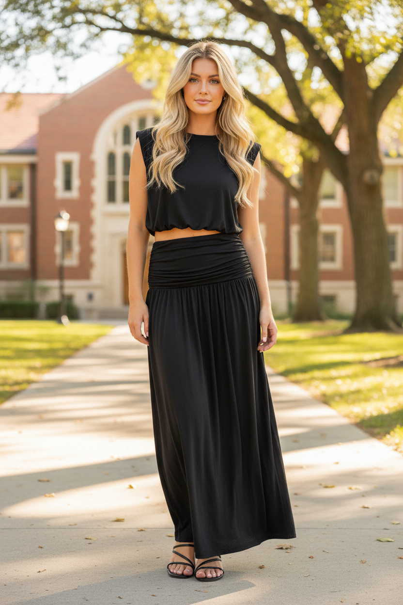 Black sleeveless bubble crop top and ruched waistband maxi skirt set, full body front shot on blonde model on college campus, modal two-piece coordinated set