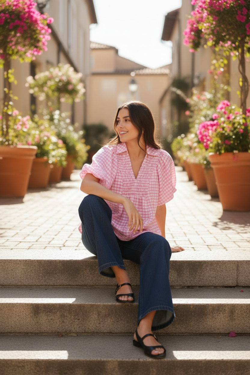 Umgee pink gingham smocked yoke puff sleeve blouse — candid seated outdoor lifestyle shot styled with wide-leg dark denim and sandals