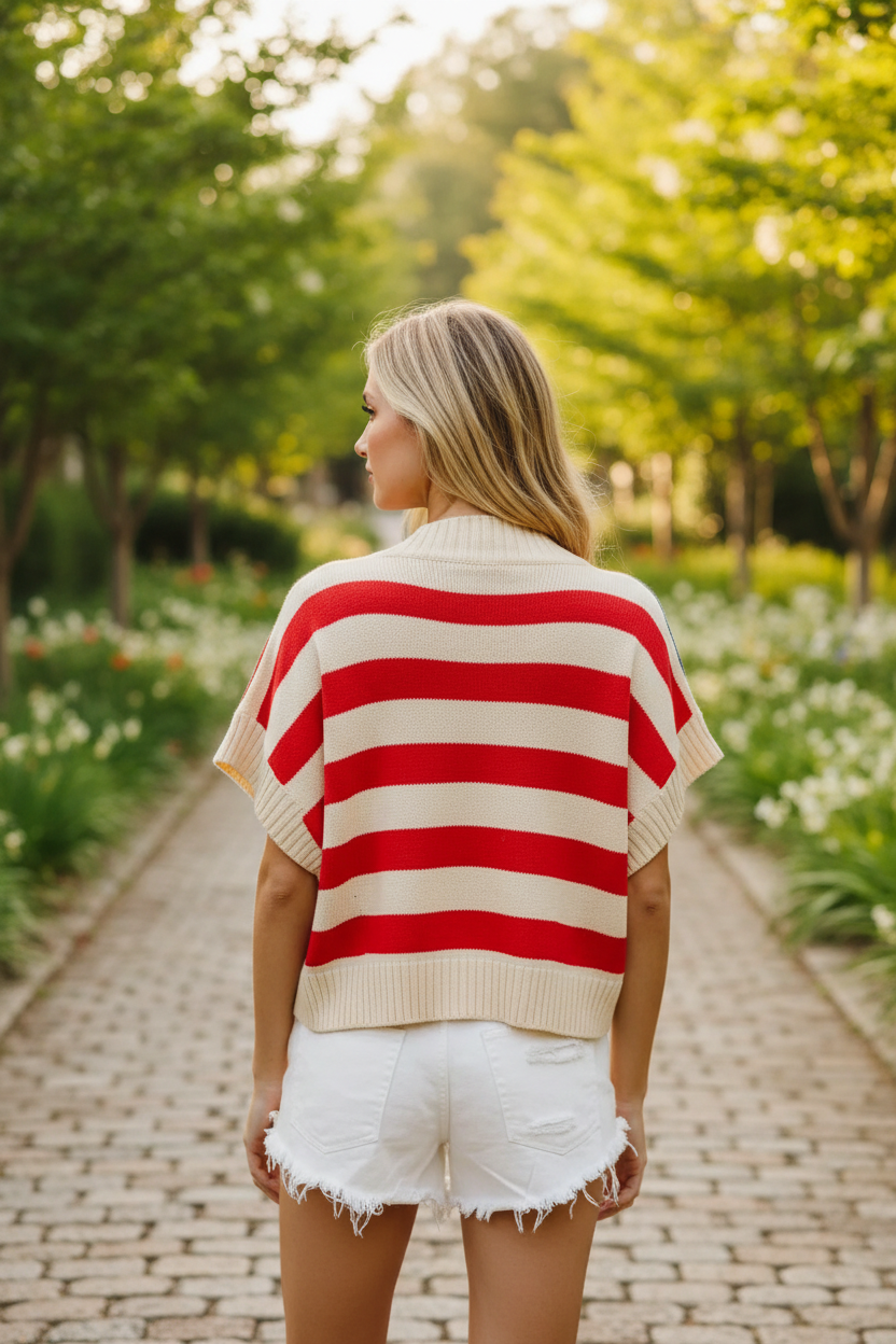 Back view of a blonde woman wearing a cream knit American flag sweater top showing bold red and cream horizontal stripes on the back, short dolman sleeves, ribbed crew neckline and hem, with distressed white denim cutoff shorts