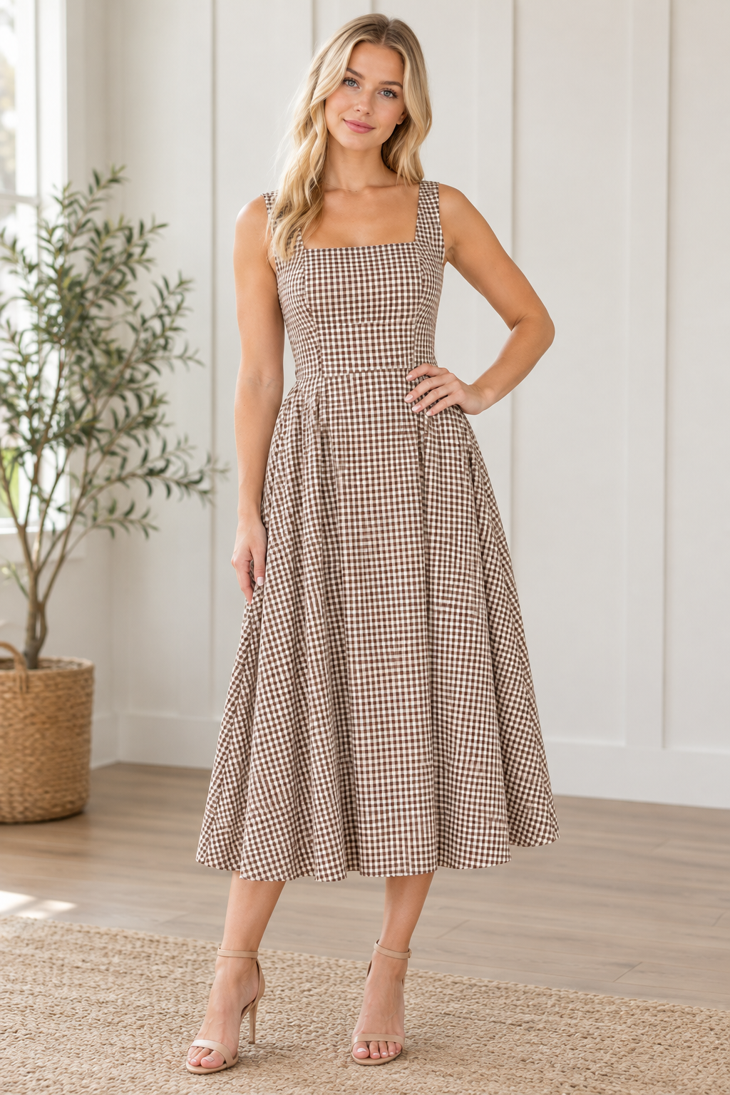 Mocha brown gingham square neck midi dress with defined waist and pleated skirt, hand on hip view