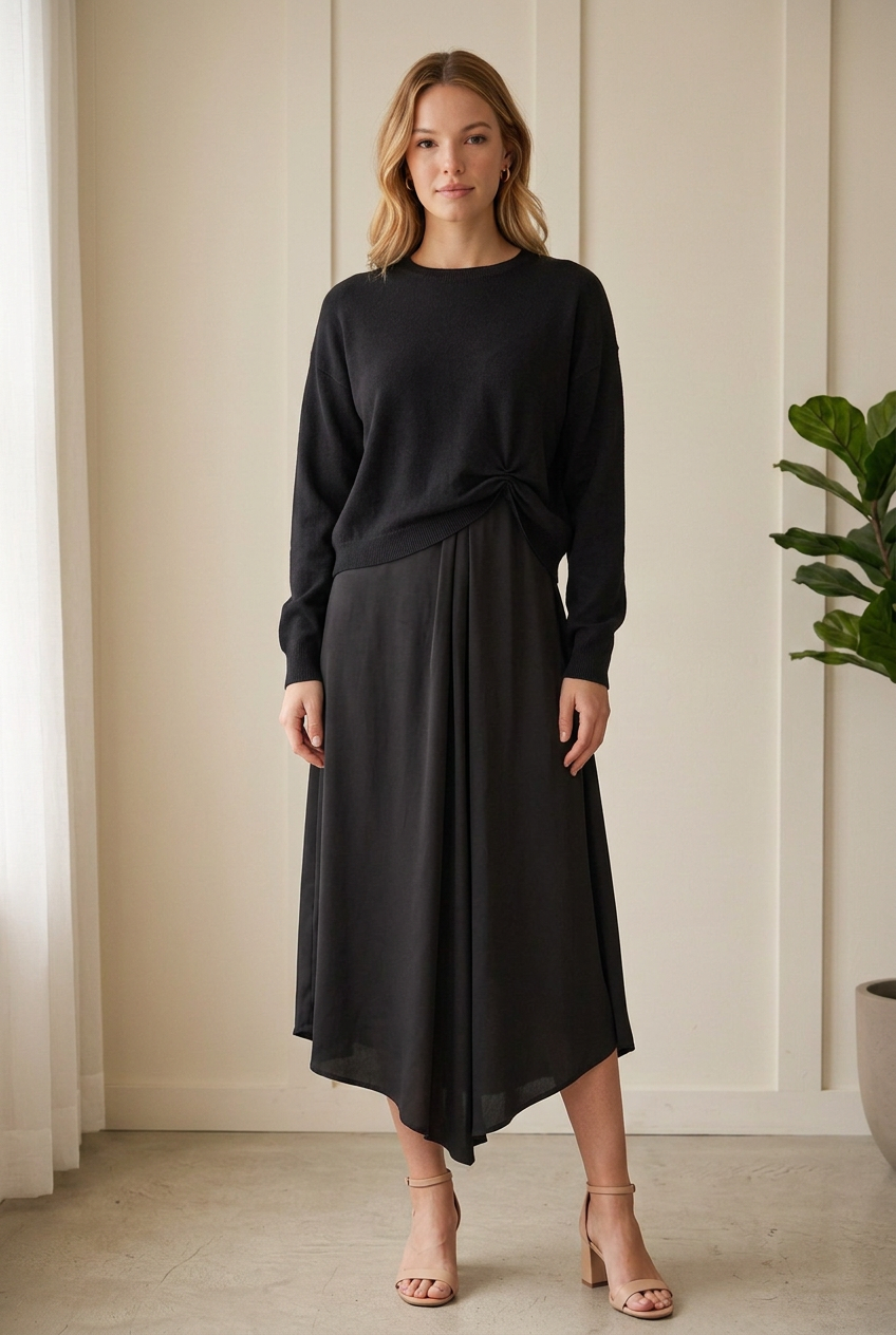 Jodifl black sweater and midi dress set showing the gathered sweater knot and pleated front of the coordinating dress.