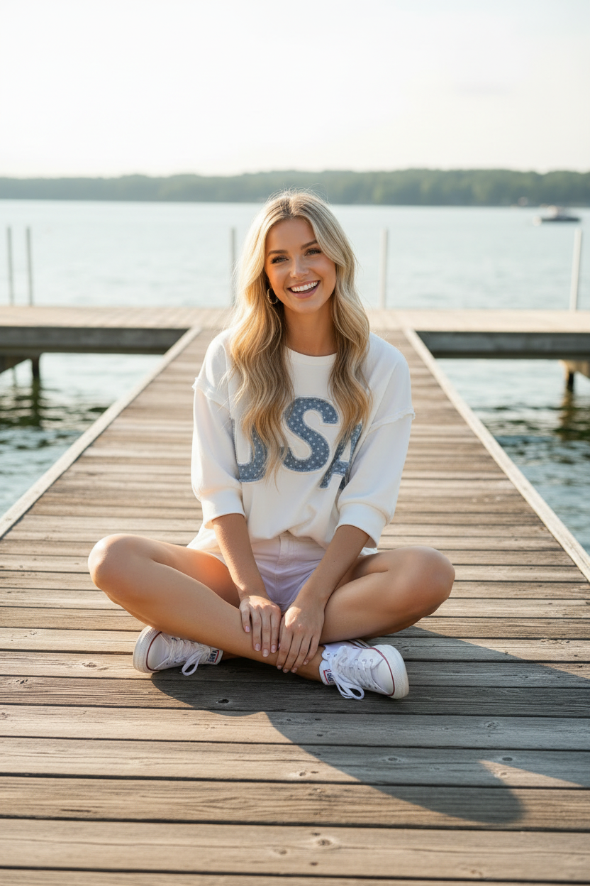 Blonde woman in an ivory oversized USA letter patchwork french terry top with blue star-print denim applique and ribbed hem band, sitting on a lake dock in white denim shorts and sneakers on a bright summer day
